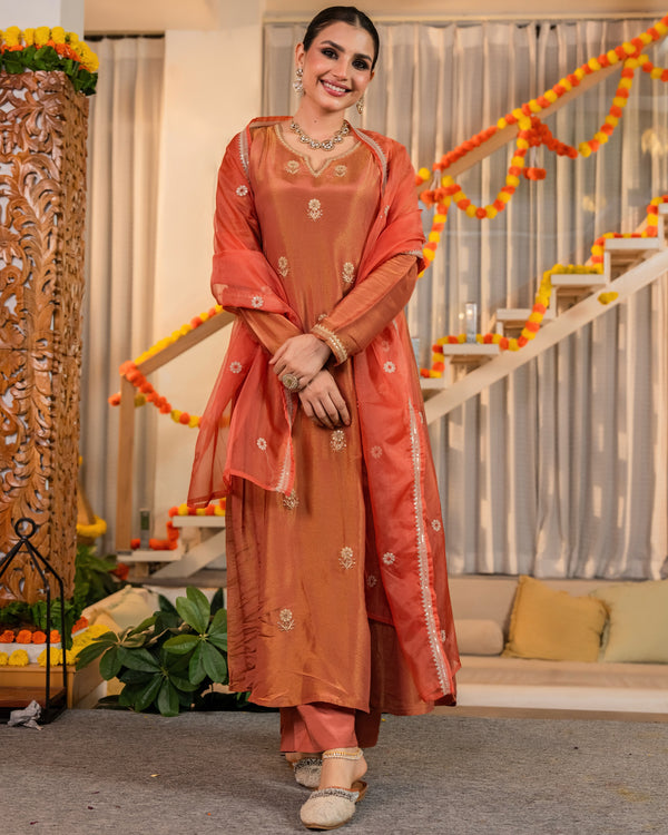 Peachy Nazakat Swiss Tissue Handwork A Line Festive Suit