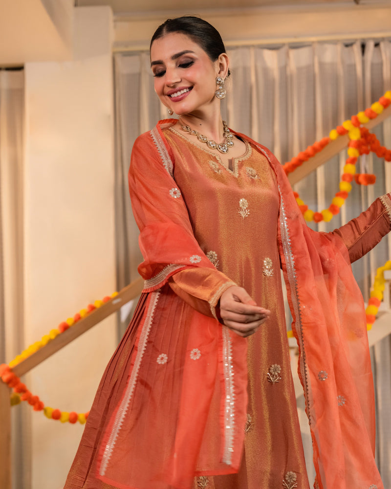 Peachy Nazakat Swiss Tissue Handwork A Line Festive Suit