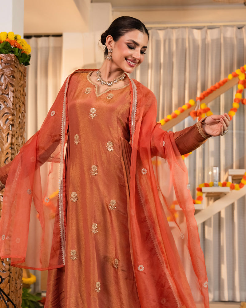 Peachy Nazakat Swiss Tissue Handwork A Line Festive Suit