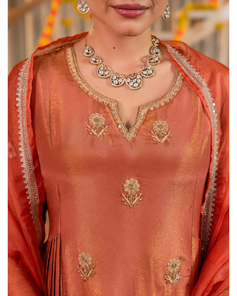 Peachy Nazakat Swiss Tissue Handwork A Line Festive Suit