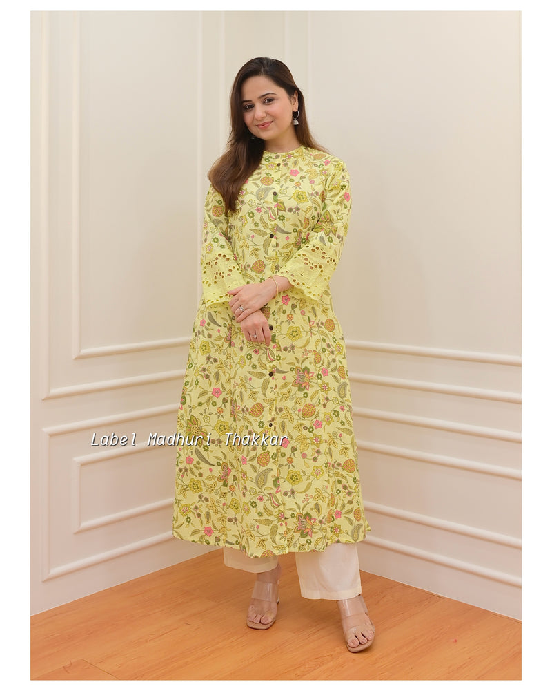 Lemon Yellow Floral A Line Cotton Kurti