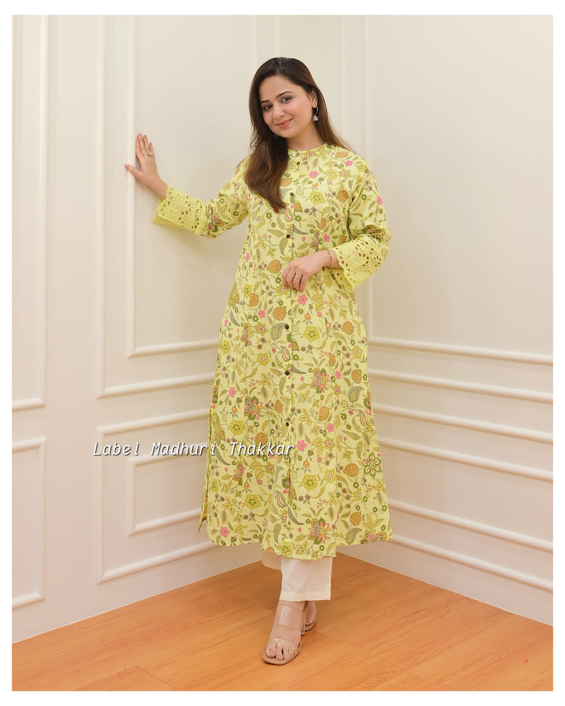 Lemon Yellow Floral A Line Cotton Kurti