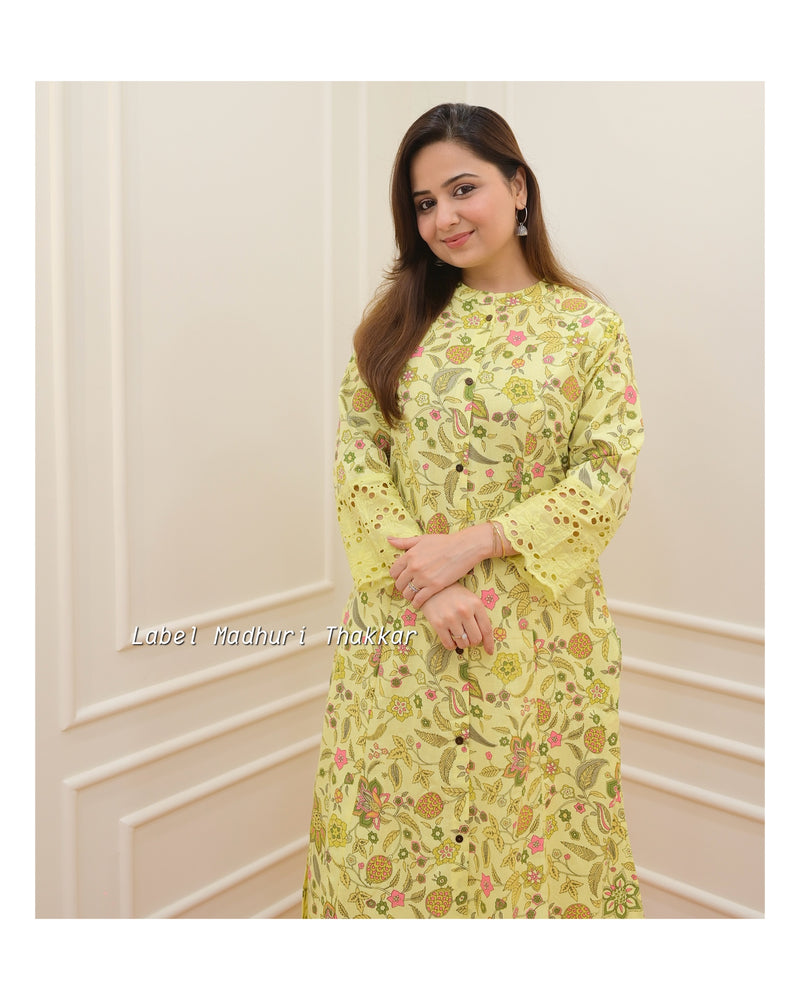 Lemon Yellow Floral A Line Cotton Kurti