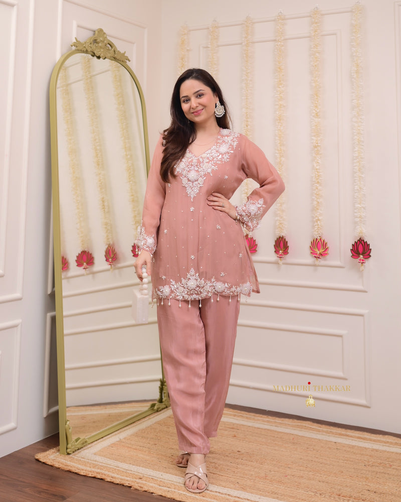 Light Mauve Handwork Organza Festive Co-ord