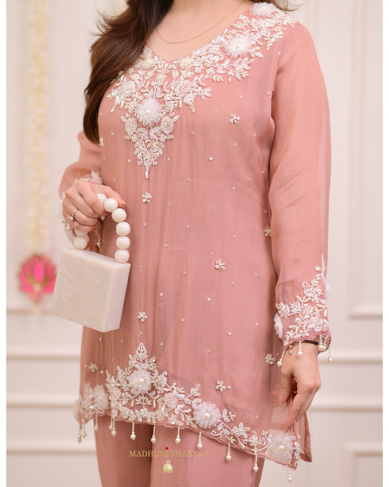 Light Mauve Handwork Organza Festive Co-ord