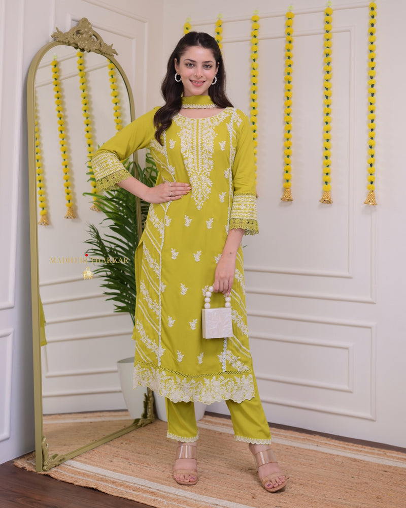 Greenish Yellow Lucknowi Cotton Festive Suit