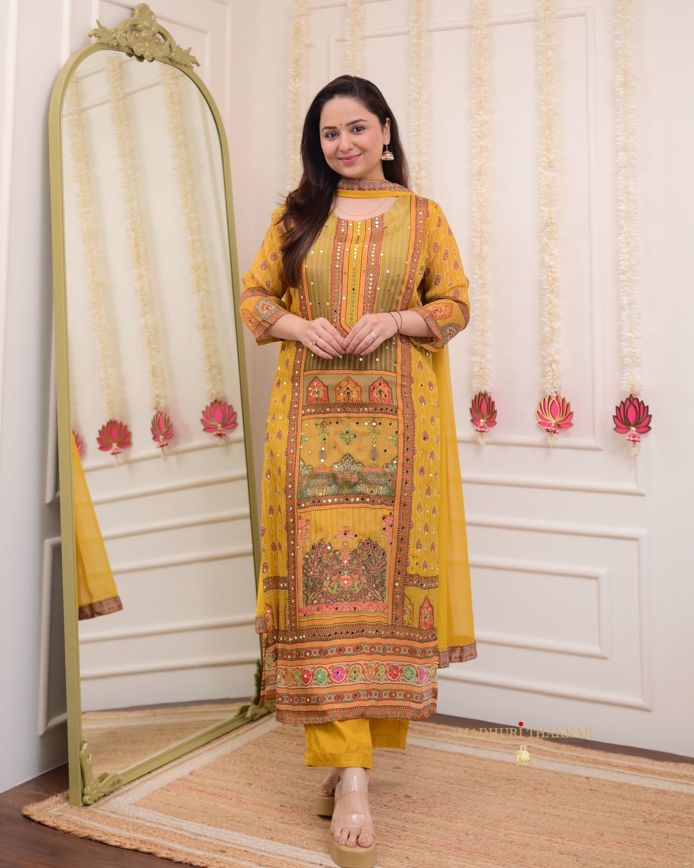 Yellow Mirror Work Patchprint Chinnon Festive Suit