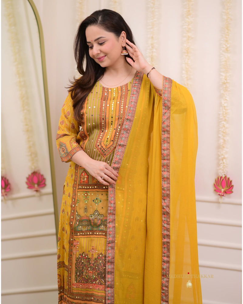 Yellow Mirror Work Patchprint Chinnon Festive Suit