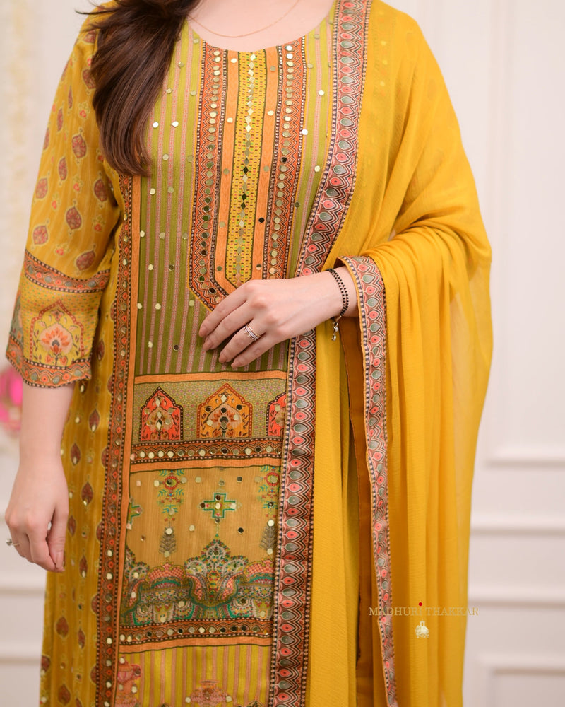 Yellow Mirror Work Patchprint Chinnon Festive Suit