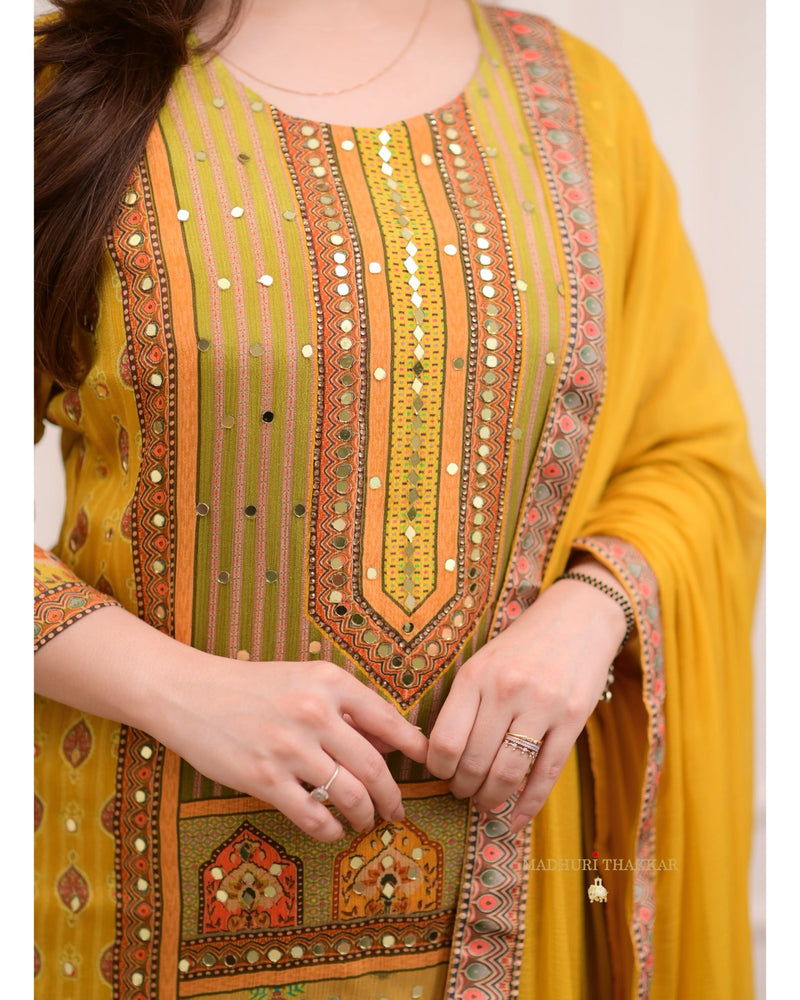 Yellow Mirror Work Patchprint Chinnon Festive Suit