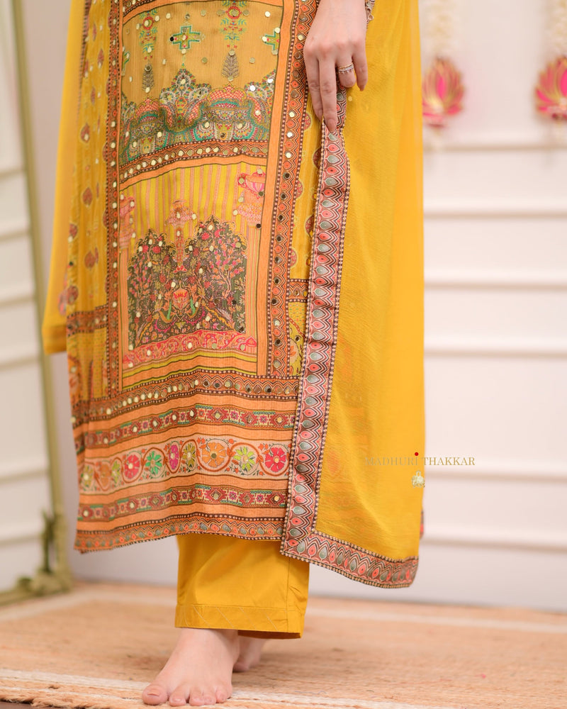 Yellow Mirror Work Patchprint Chinnon Festive Suit