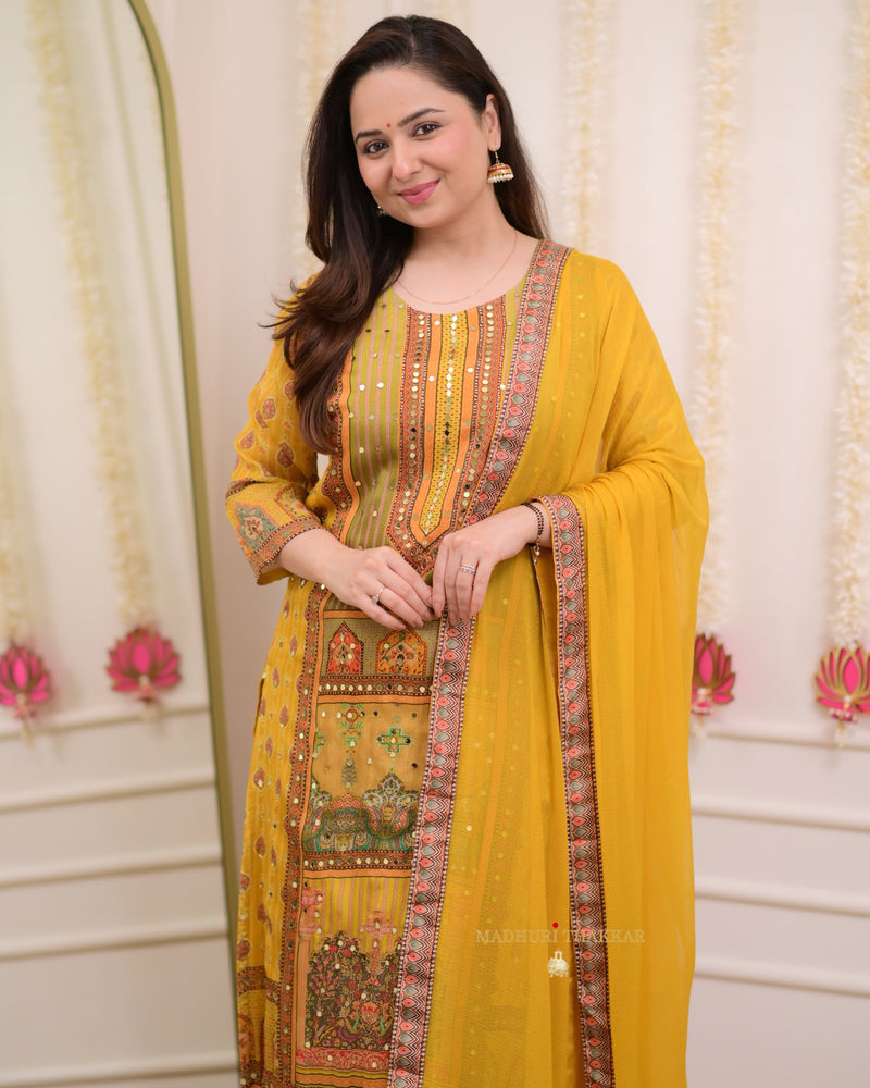 Yellow Mirror Work Patchprint Chinnon Festive Suit