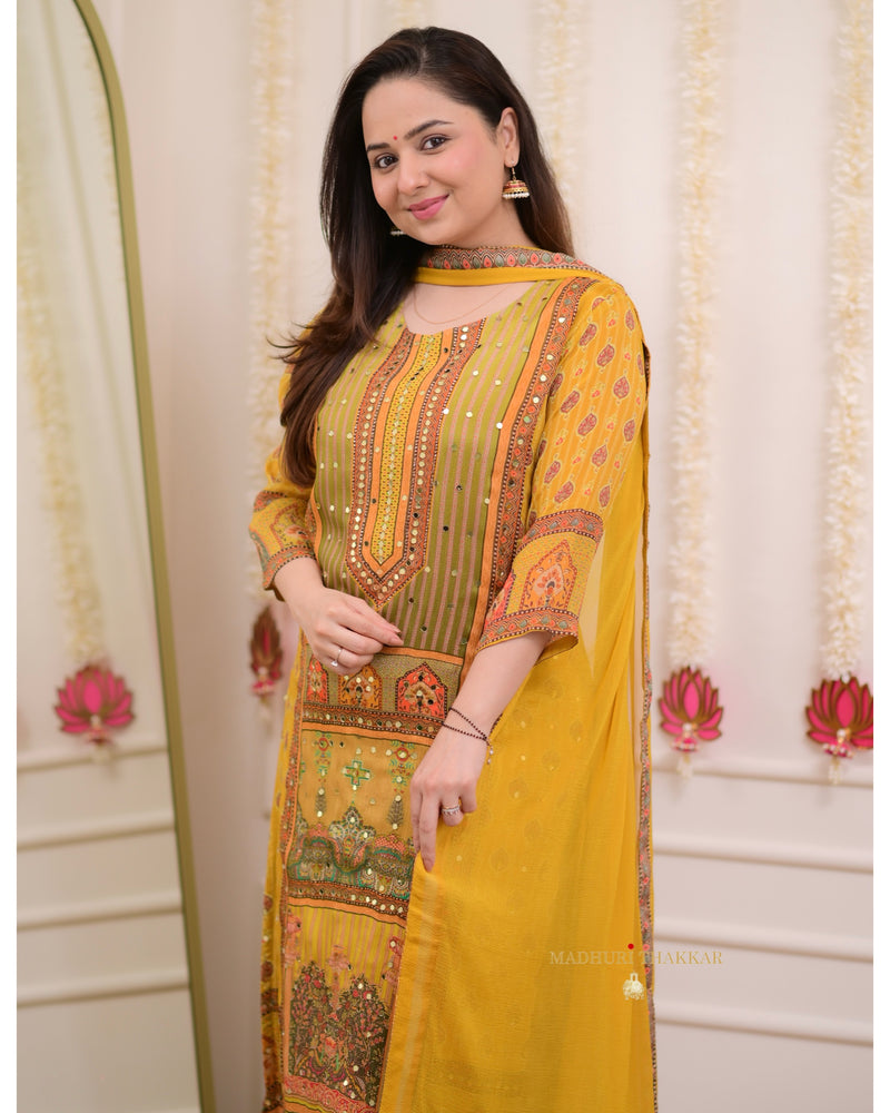 Yellow Mirror Work Patchprint Chinnon Festive Suit