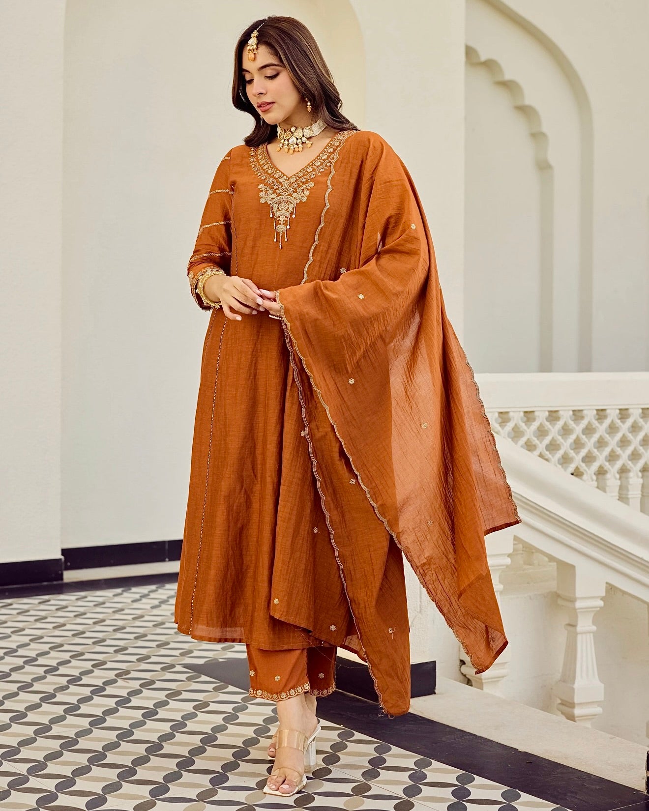 Terracotta Noor Mul Chanderi A Line Festive Suit