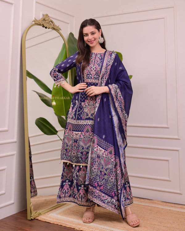 Navy Blue Chinnon Handwork Printed Palazzo Suit