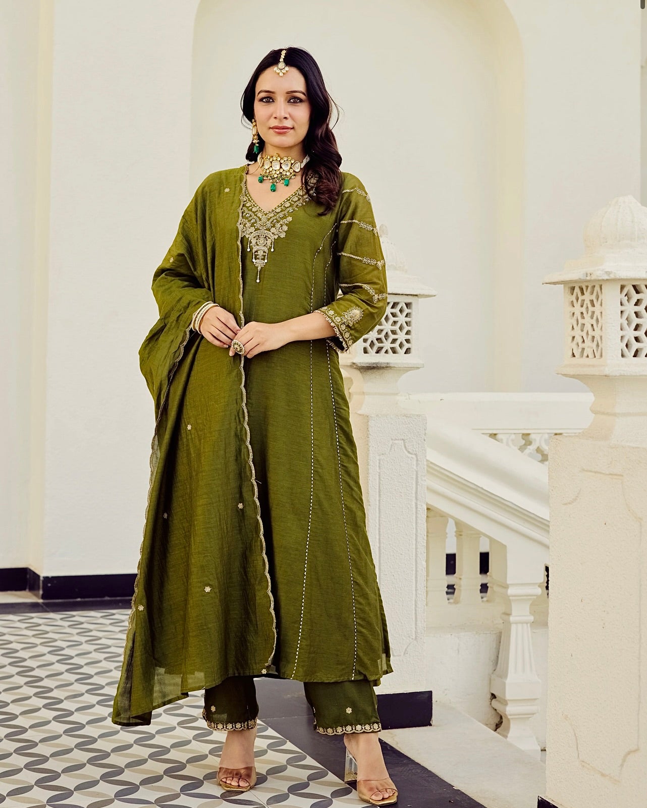 Mehr-e-Mehendi Mul Chanderi A Line Festive Suit