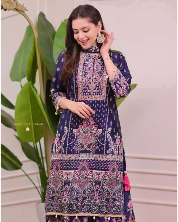 Navy Blue Chinnon Handwork Printed Palazzo Suit
