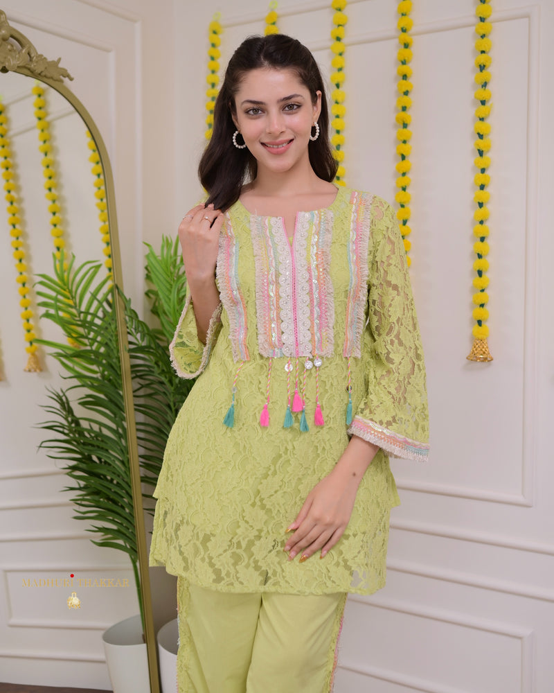 Green Schiffli Handwork Festive Co-ord
