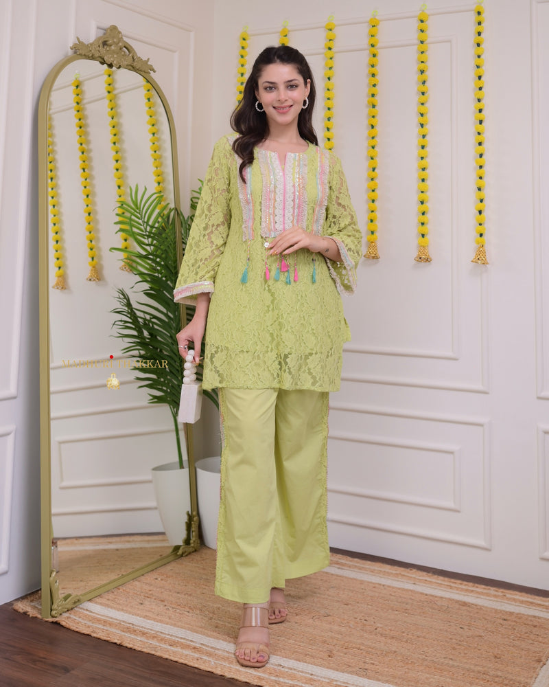 Green Schiffli Handwork Festive Co-ord