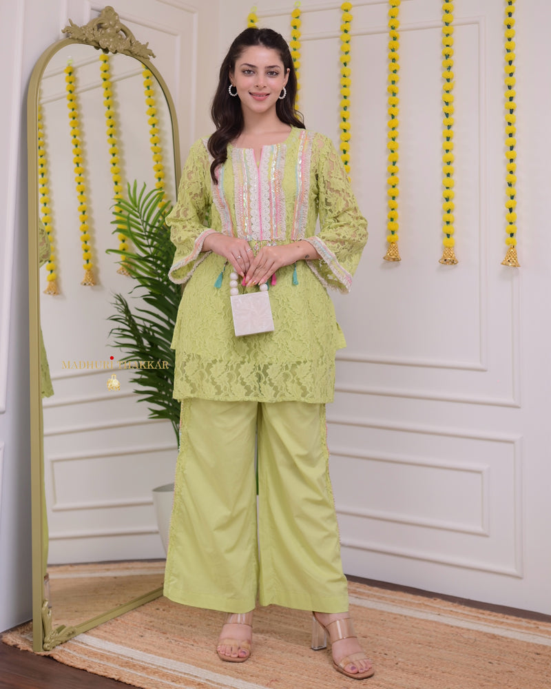 Green Schiffli Handwork Festive Co-ord