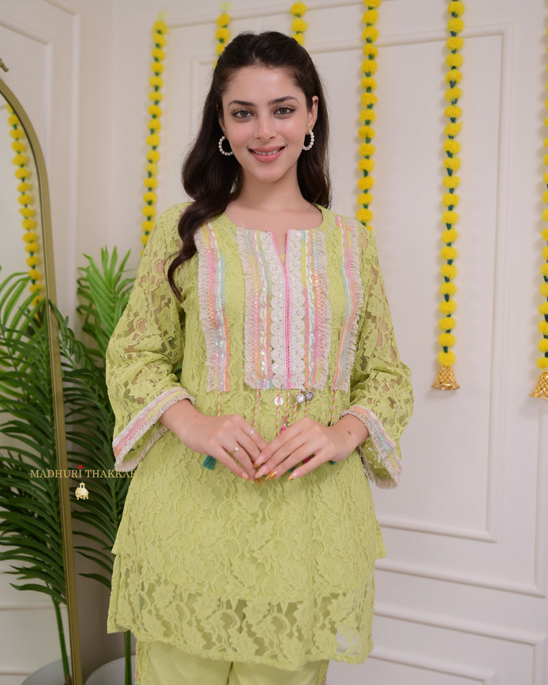 Green Schiffli Handwork Festive Co-ord