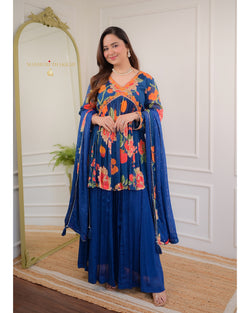 Navy Blue Handwork Chinnon Sharara Set