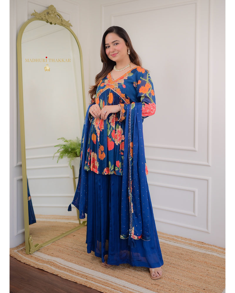 Navy Blue Handwork Chinnon Sharara Set