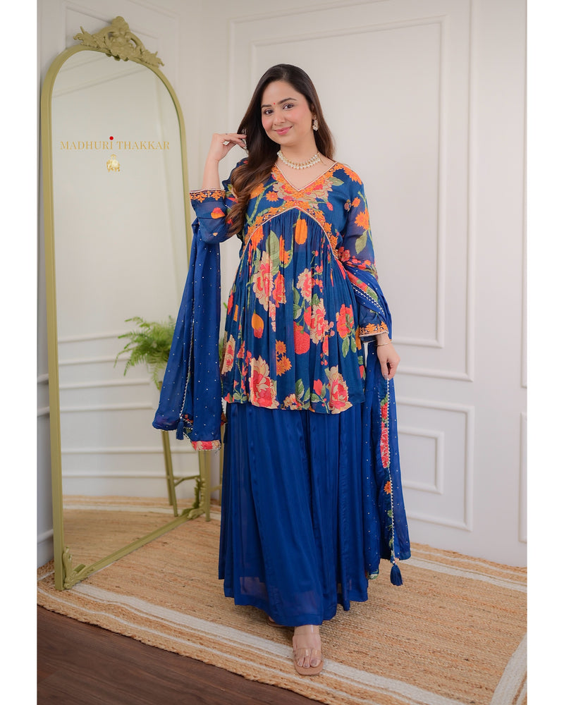 Navy Blue Handwork Chinnon Sharara Set