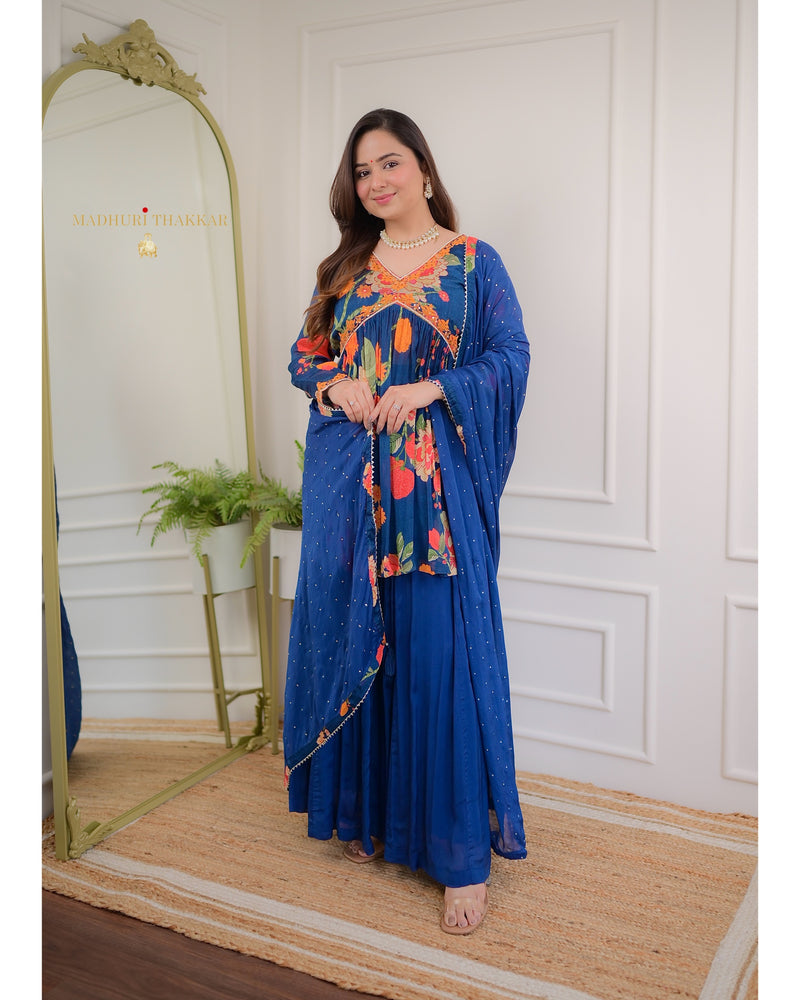 Navy Blue Handwork Chinnon Sharara Set