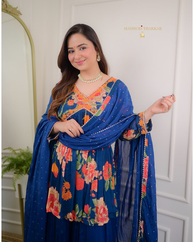 Navy Blue Handwork Chinnon Sharara Set