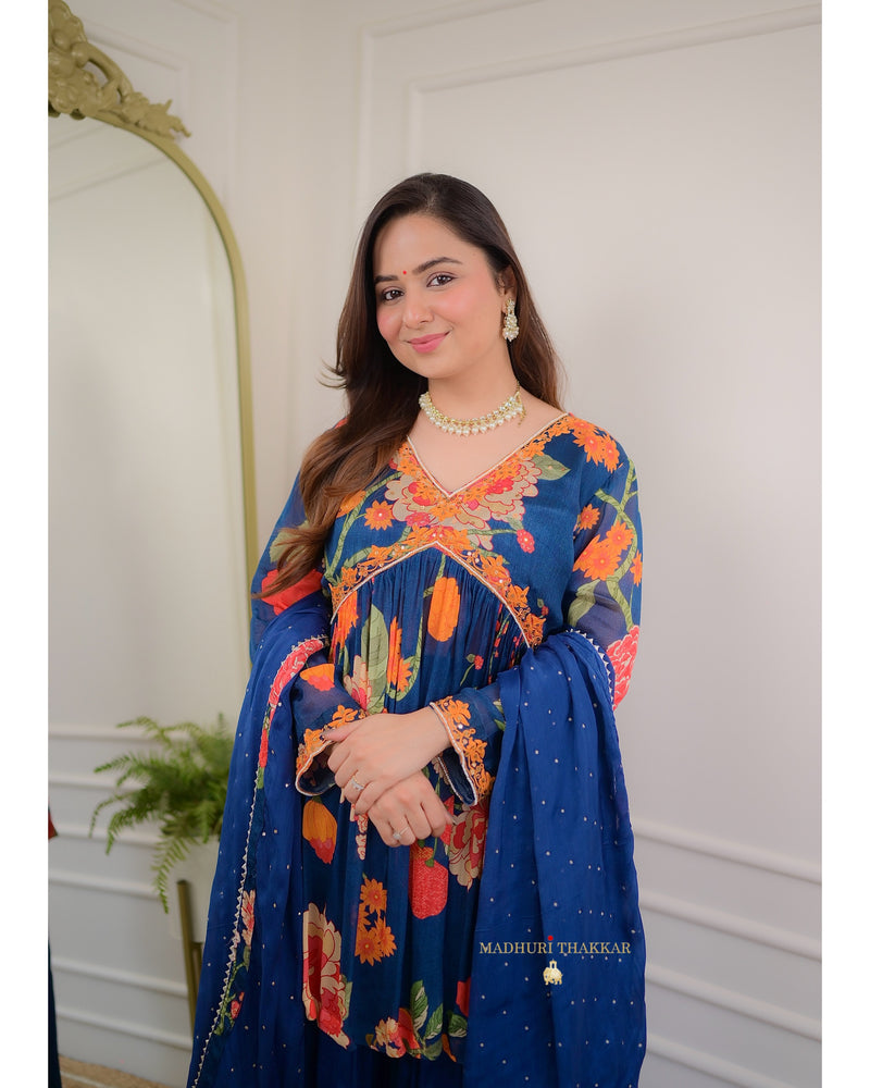 Navy Blue Handwork Chinnon Sharara Set