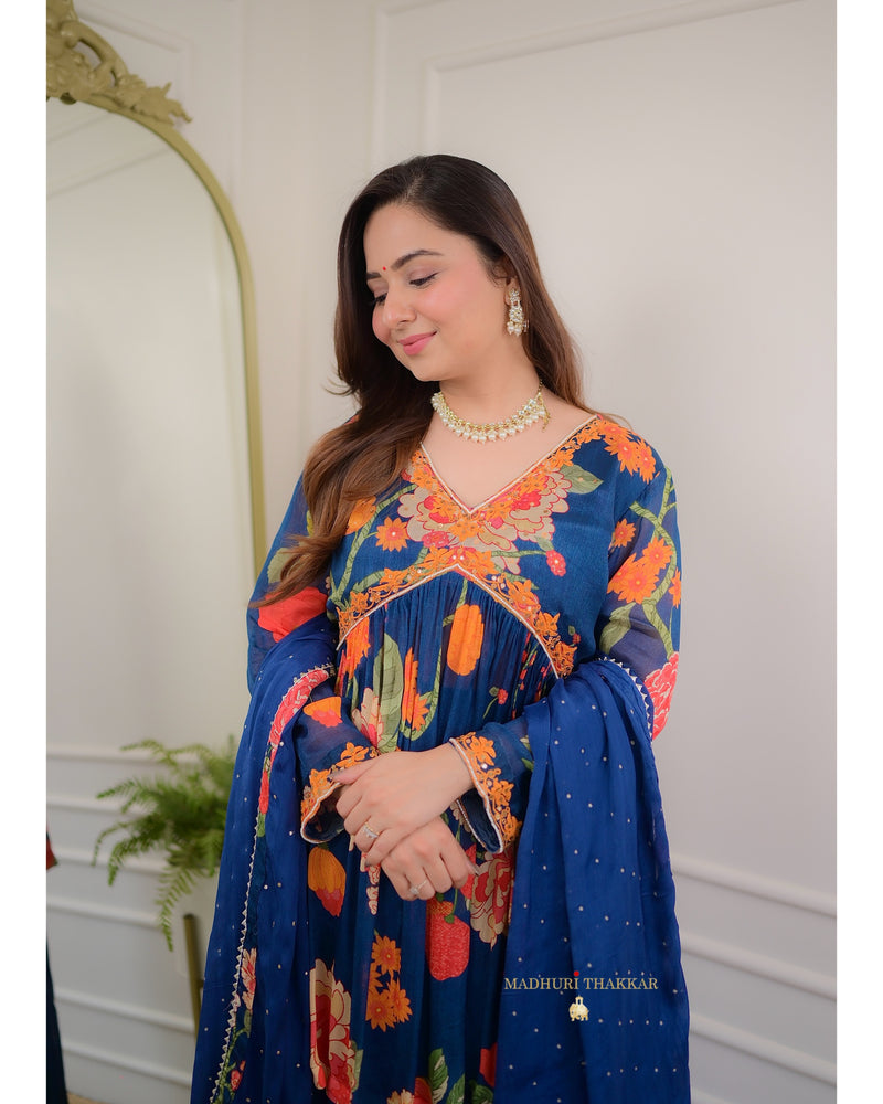 Navy Blue Handwork Chinnon Sharara Set