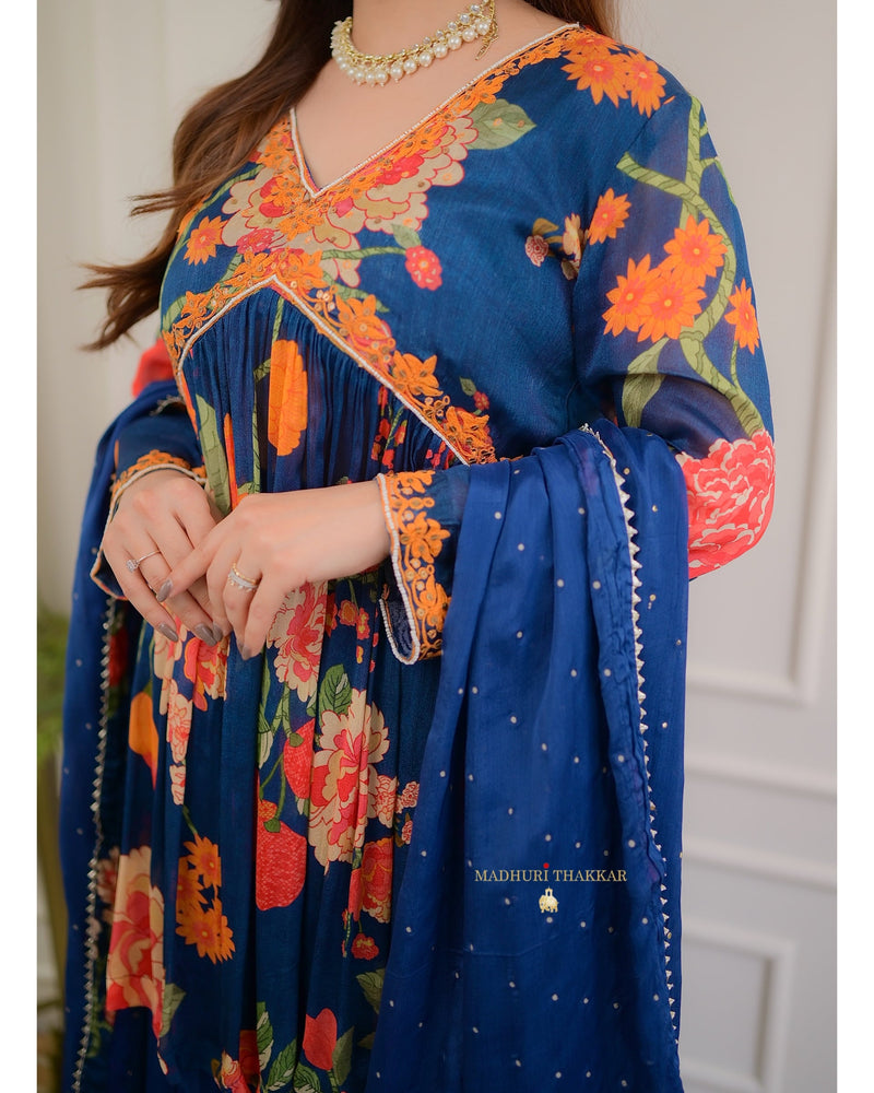 Navy Blue Handwork Chinnon Sharara Set