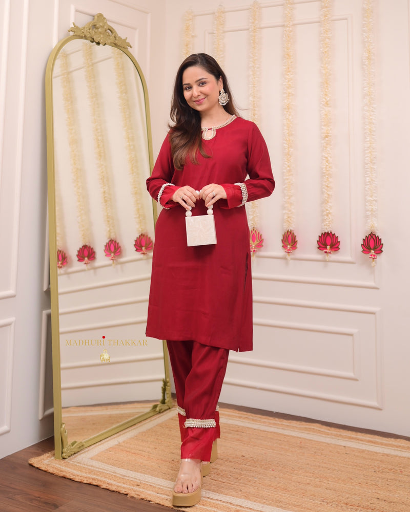 Maroon Red Roman Silk Pearl Co-ord Set