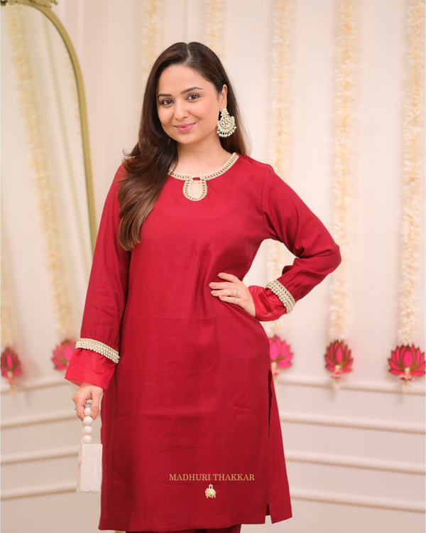 Maroon Red Roman Silk Pearl Co-ord Set
