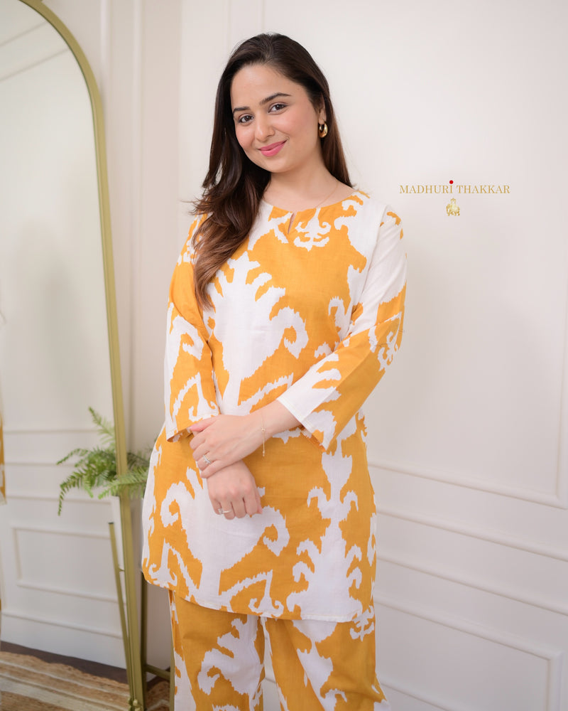 Yellow-White Baroque Cotton Loungewear Set