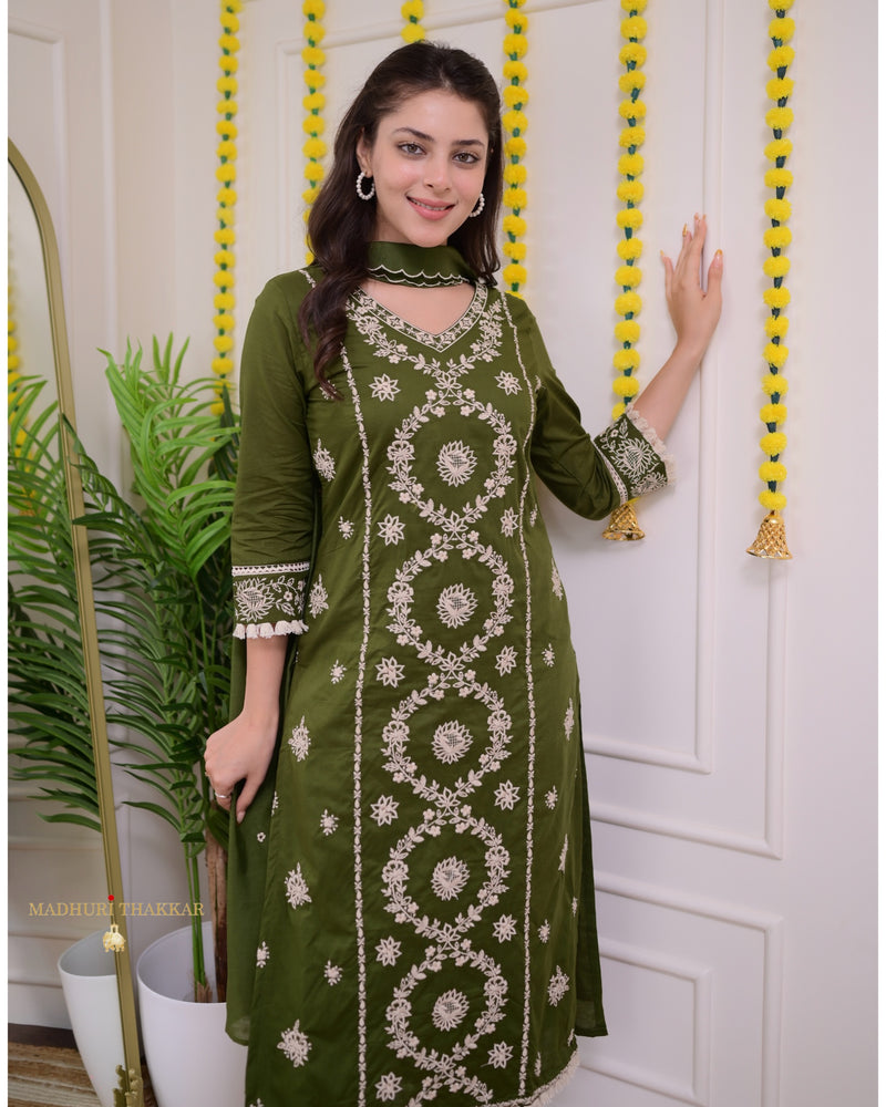 Bottle Green Threadwork Cotton Suit