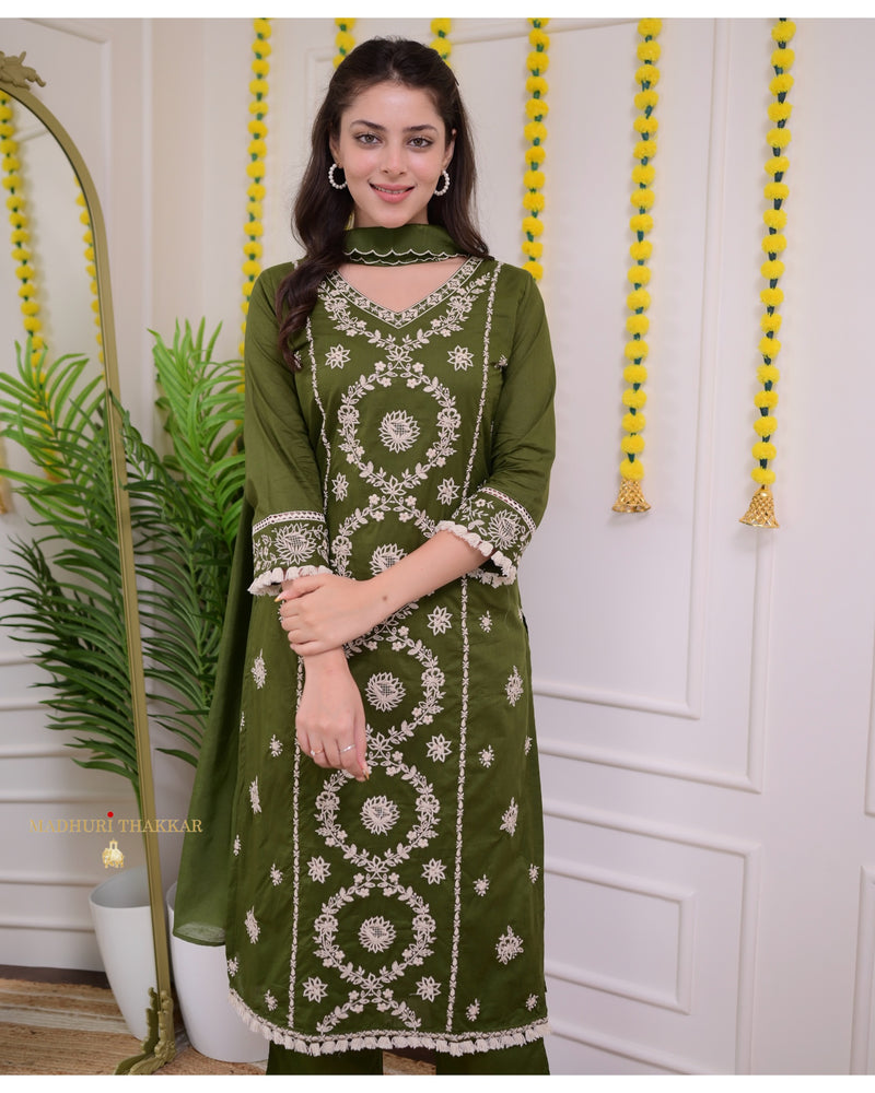 Bottle Green Threadwork Cotton Suit