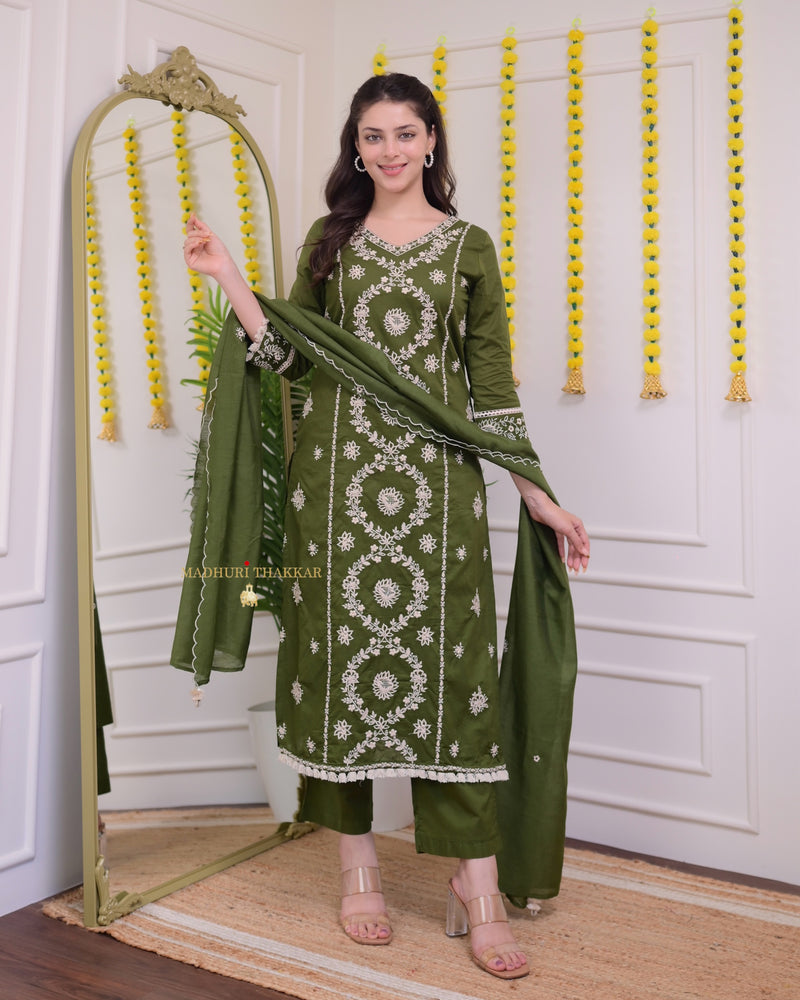 Bottle Green Threadwork Cotton Suit