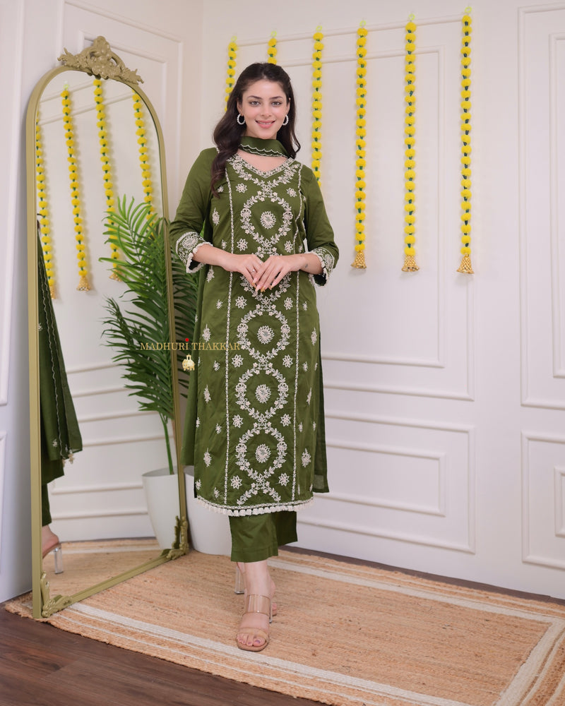 Bottle Green Threadwork Cotton Suit