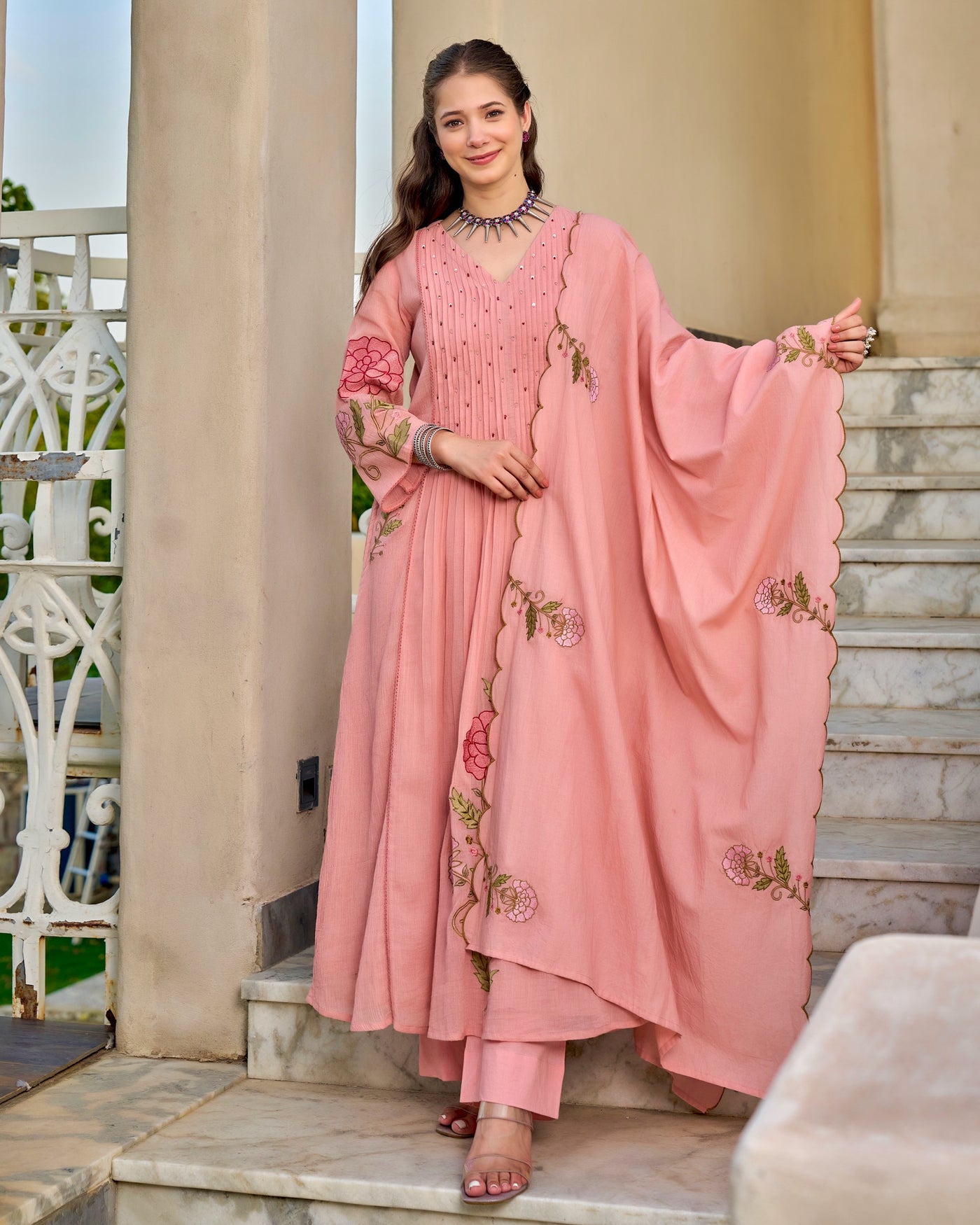 Dusty Rose Threadwork Mul Cotton A Line Suit