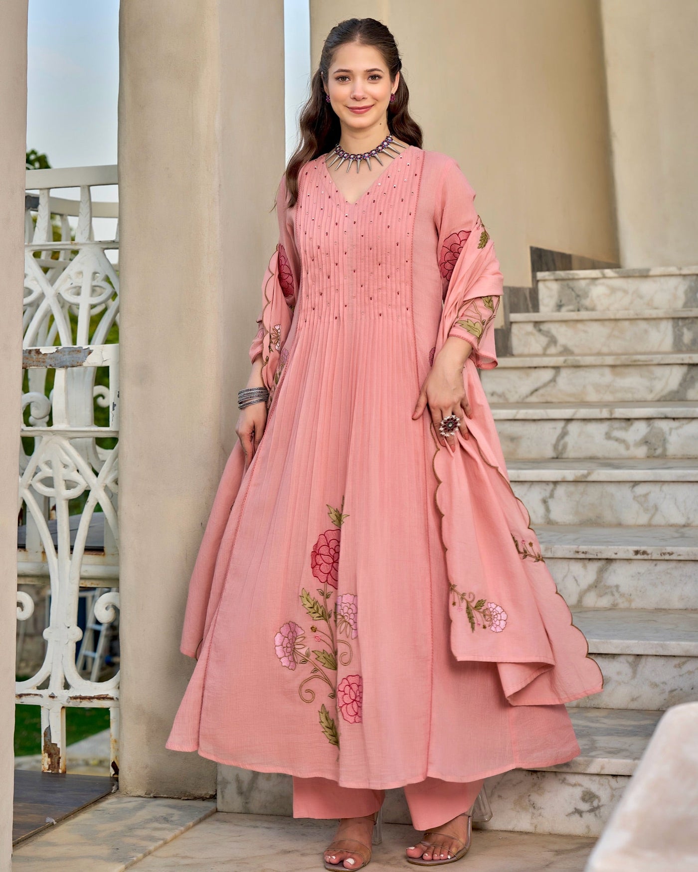 Dusty Rose Threadwork Mul Cotton A Line Suit