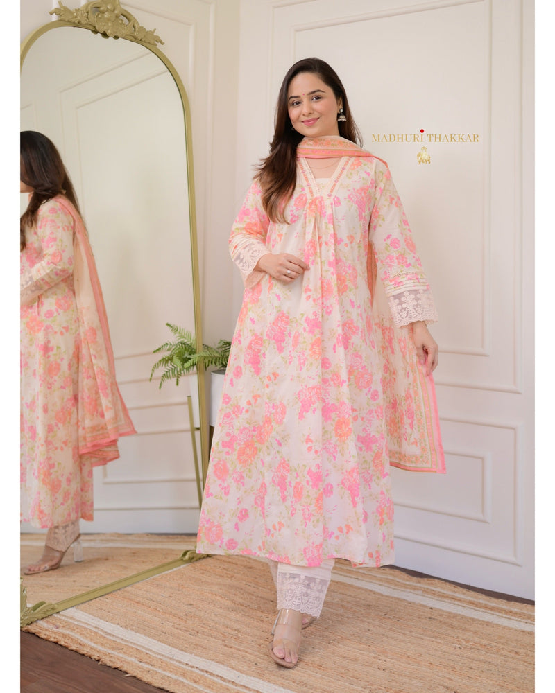 Peach Floral Handwork Mul Cotton Suit