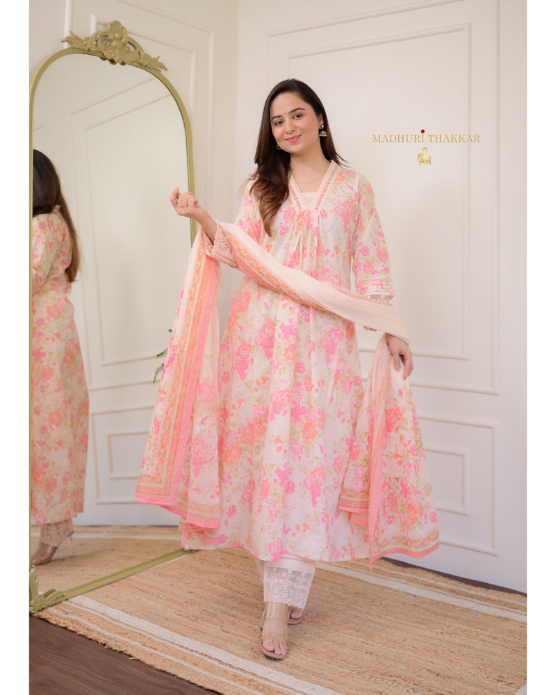 Peach Floral Handwork Mul Cotton Suit