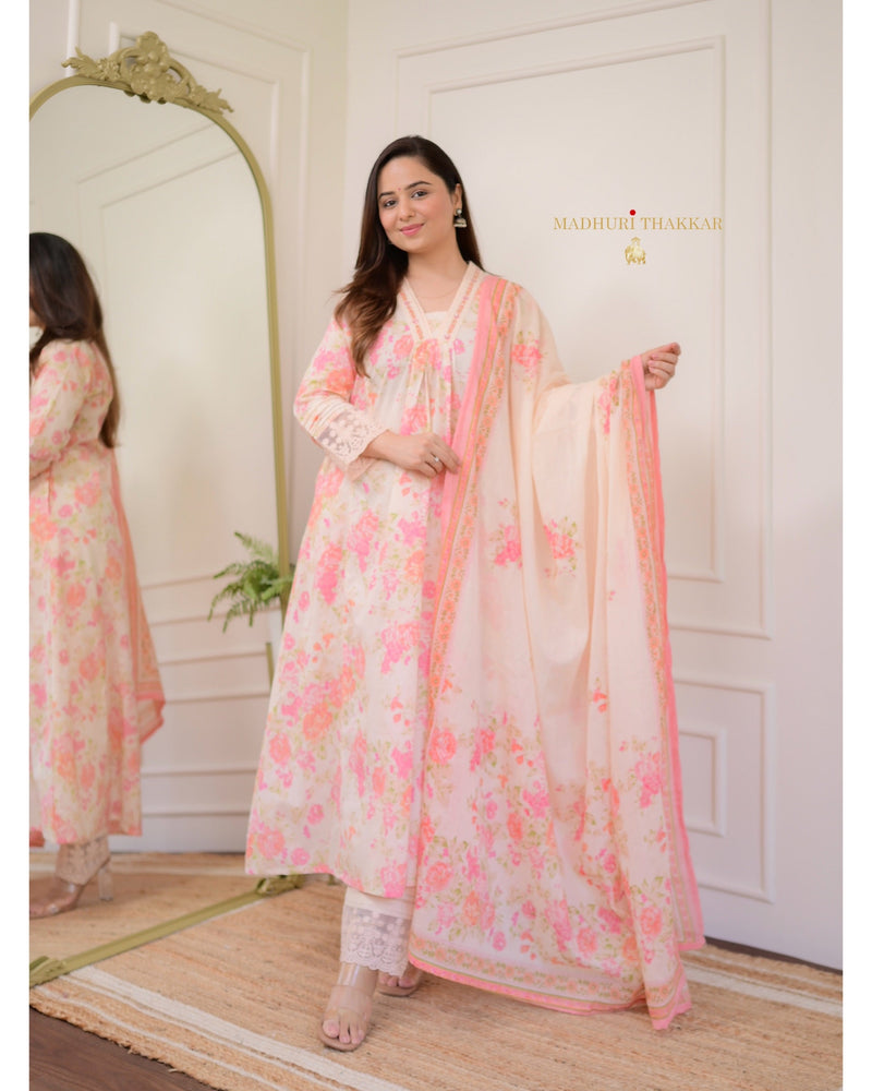 Peach Floral Handwork Mul Cotton Suit