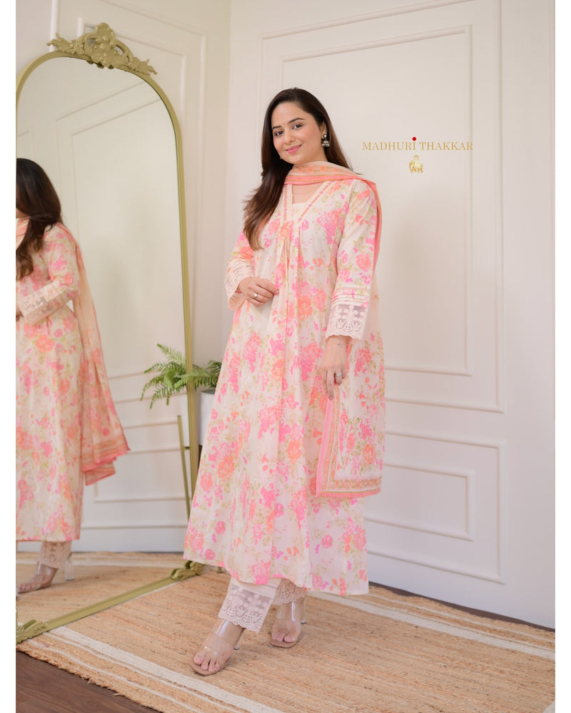 Peach Floral Handwork Mul Cotton Suit