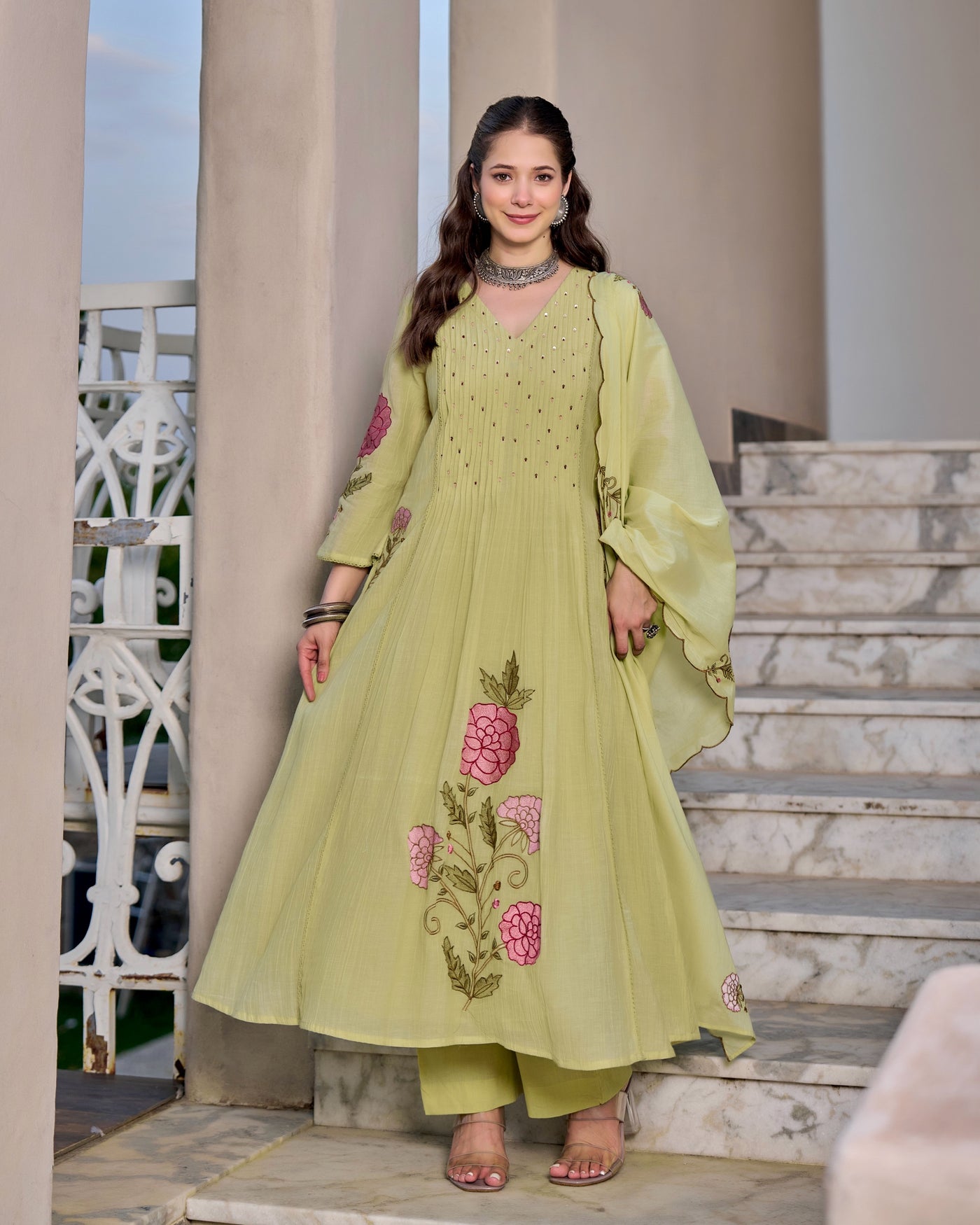 Pistachio Bloom Threadwork Mul Cotton A Line Suit