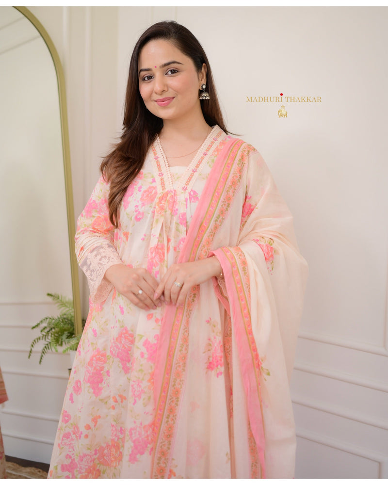 Peach Floral Handwork Mul Cotton Suit