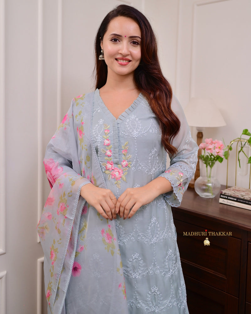 Powder Blue Pakistani Threadwork Organza Suit
