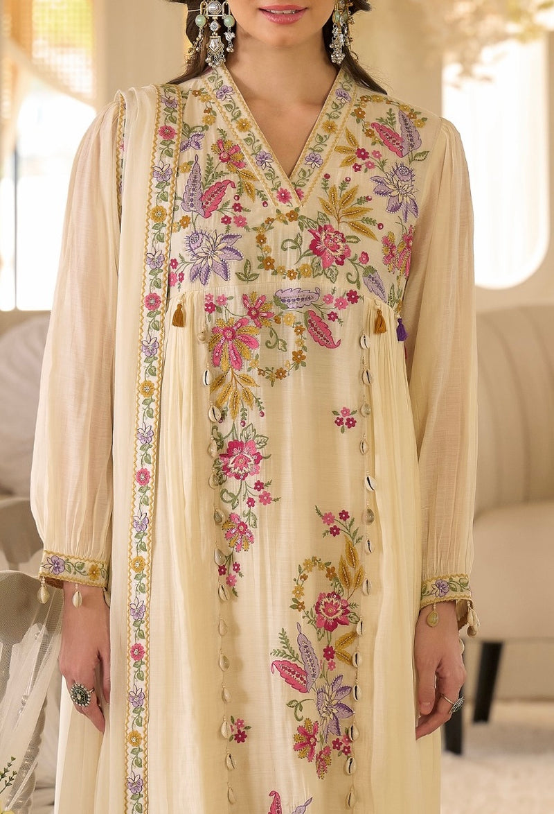 Noor-e-Gul Pearl Threadwork A Line Mul Chanderi Suit